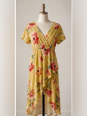 -NWT- Yellow Floral High-Low Dress with Red Bloom Print